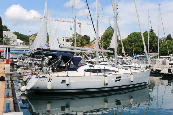 Elan Impression 40 2019 Elan Impression 40 yacht docked in a marina, surrounded by other boats.