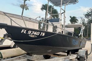 Custom 14 custom blazer Custom 2020 boat "14 custom blazer" on trailer, palm trees in background.