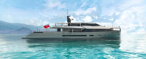 Custom ARES SPITFIRE Custom ARES SPITFIRE 2027 yacht on serene ocean with mountainous backdrop.