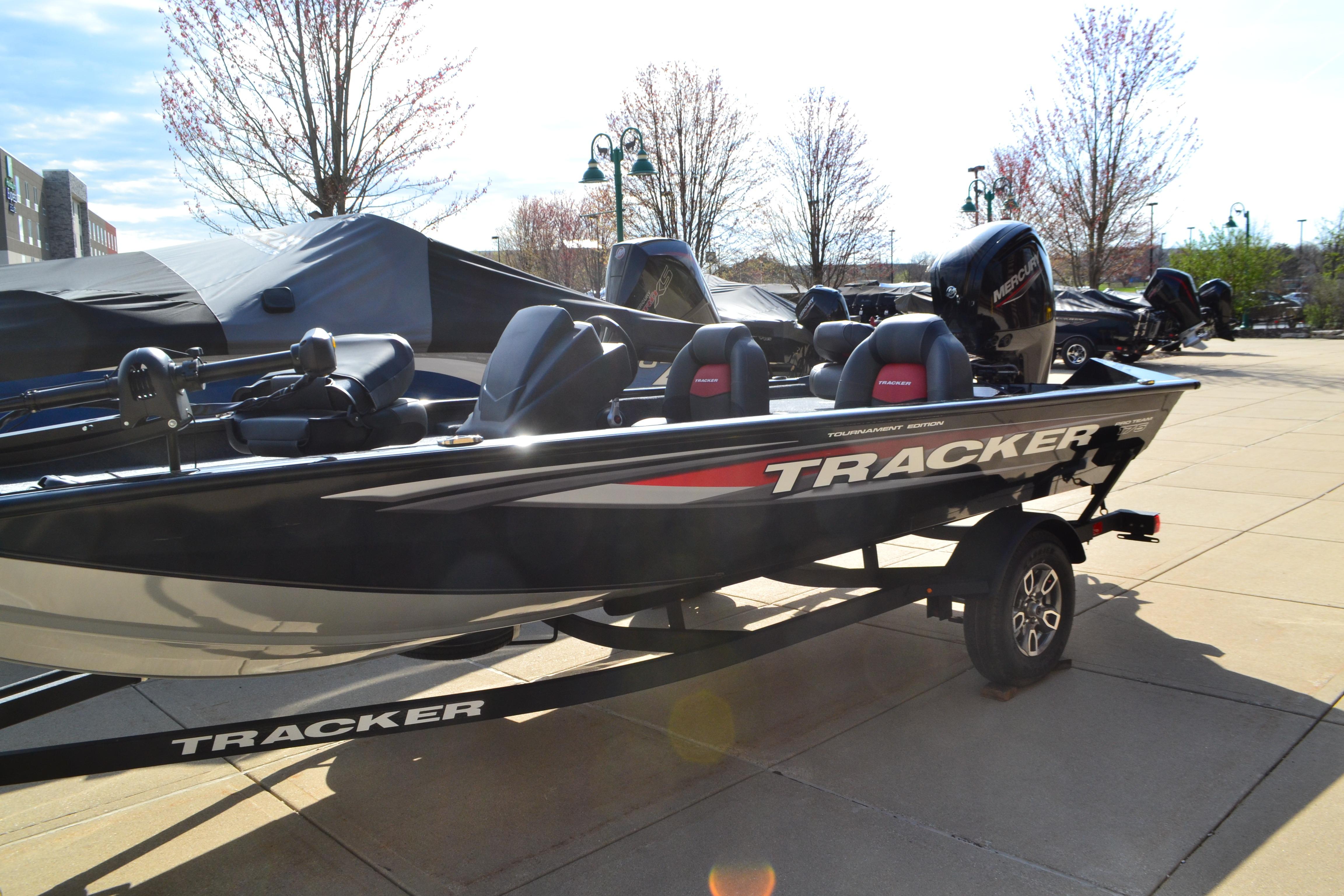 Tracker Pro Team 175 2026 Tracker Pro Team 175 boat on trailer, outdoor display setting.