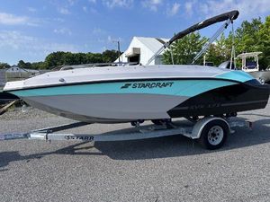 Starcraft SVX 171 OB 2025 Starcraft SVX 171 OB boat on a trailer in a parking lot.
