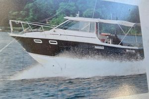 Bayliner 2802 Trophy 1984 Bayliner 2802 Trophy boat cruising on a lake with lush green background.