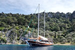 Custom GULET Custom 2007 GULET yacht anchored near lush, rocky coastline under a clear sky.