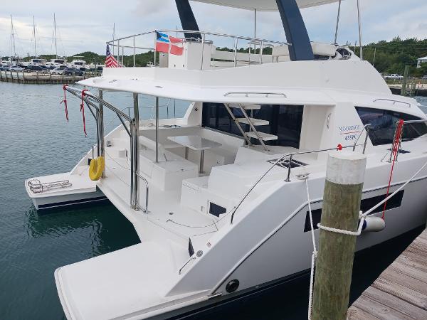 Leopard 43 Powercat 2022 Leopard 43 Powercat yacht docked at marina, rear view.