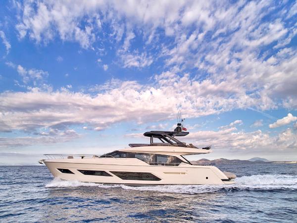 Ferretti Yachts 72 Flybridge Motor yacht 2022 Ferretti Yachts 72 Flybridge Motor Yacht cruising under a vibrant sky.