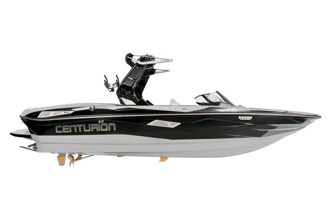 Centurion NV233 2025 Centurion NV233 boat, sleek black and white design, side view.