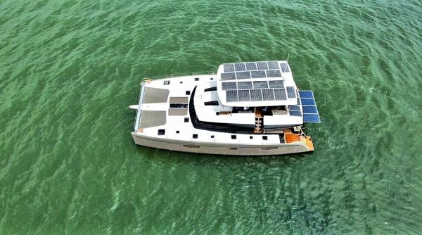 Fountaine Pajot Ipanaema 58 Power Catamaran 2017 Fountaine Pajot Ipanema 58 Power Catamaran with solar panels on the water.