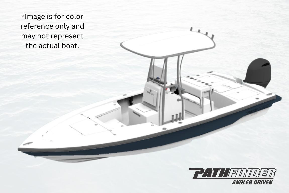 Pathfinder 2300 HPS 2026 Pathfinder 2300 HPS boat, white with T-top, on water, for color reference only.