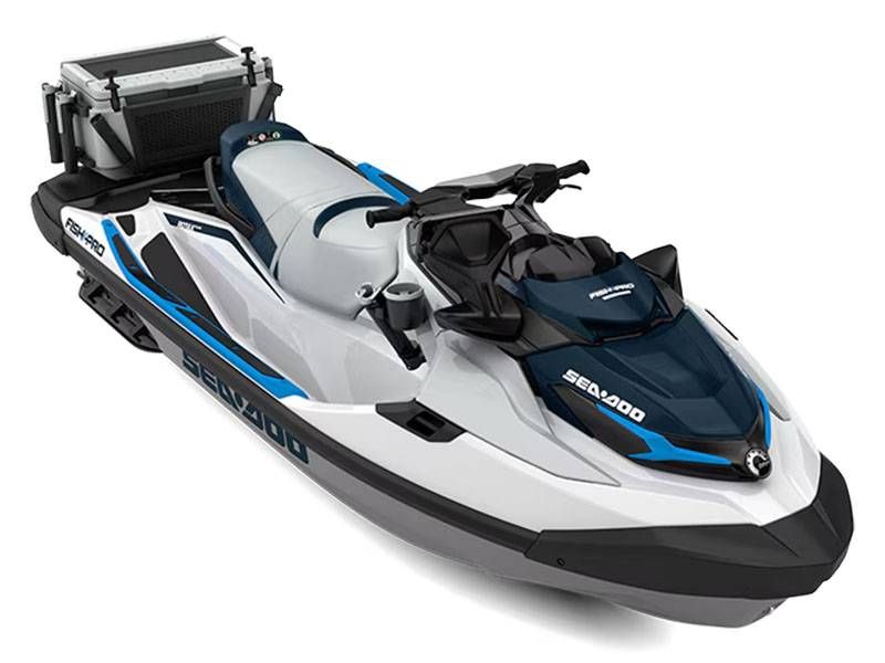 Sea-Doo Fishpro Sport 170 2026 Sea-Doo Fishpro Sport 170 jet ski, white and blue, with fishing equipment.