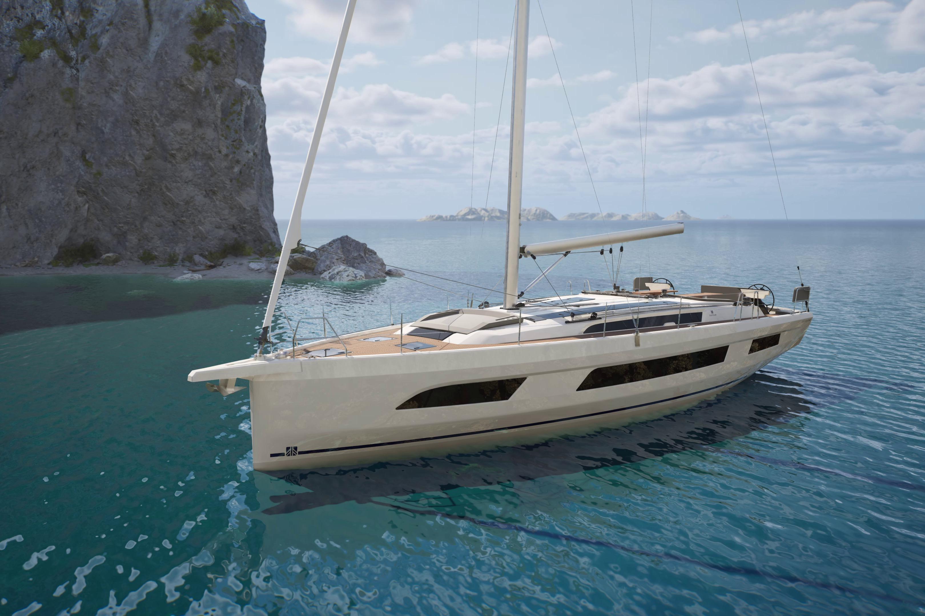 Dufour 48 Sailing yacht Dufour 48, 2026 model, anchored near rocky coastline.