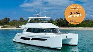 ILIAD 53F Luxury ILIAD 53F yacht, 2024 Multihull of the Year winner, anchored in serene waters.