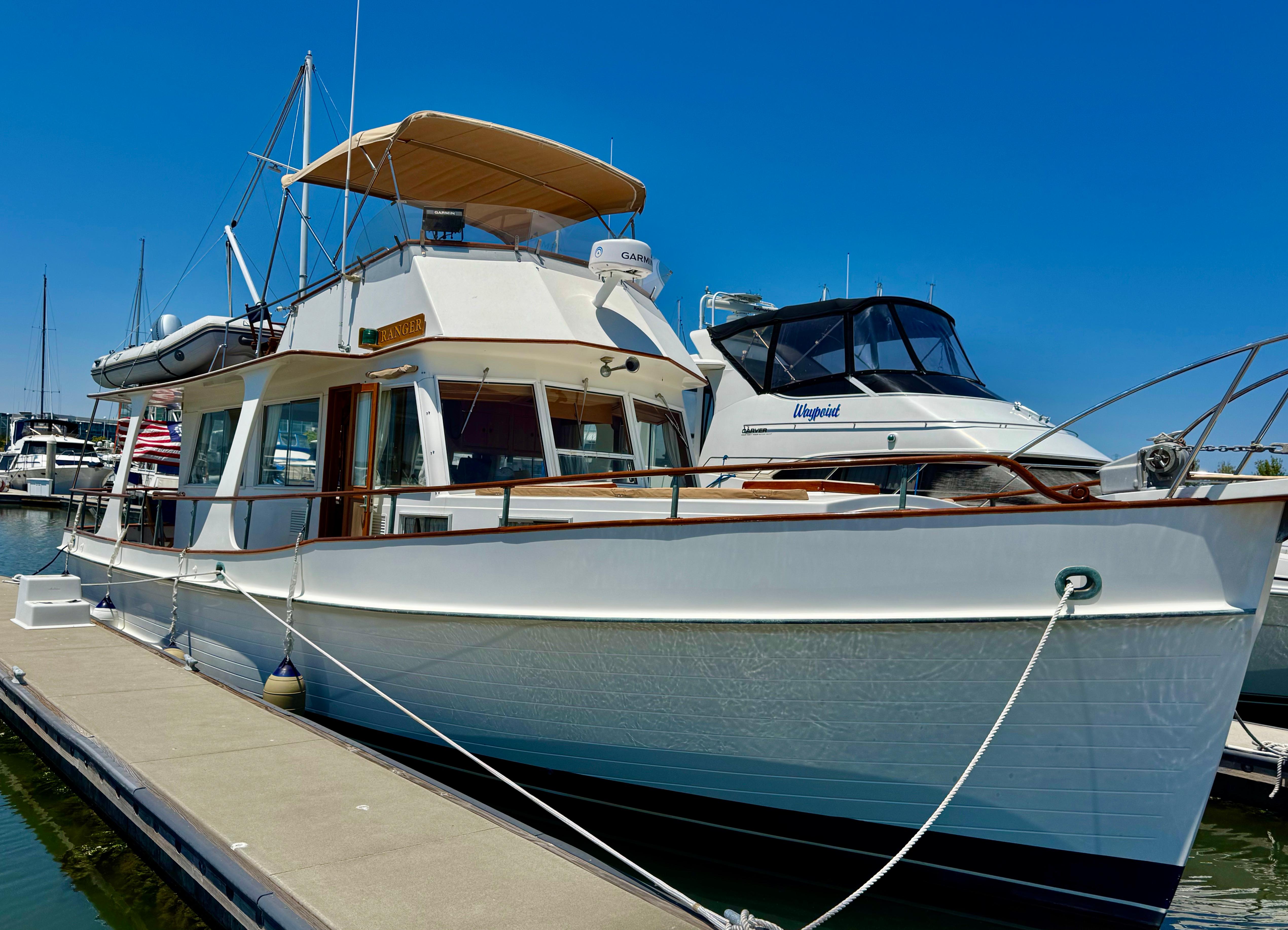 Grand Banks 42 Europa 1986 Grand Banks 42 Europa yacht docked at marina under clear blue sky.