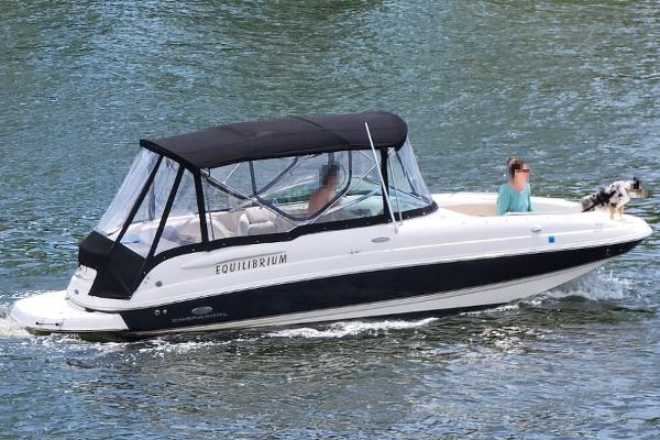 Chaparral 236 Sunesta w/ SeaKeeper & Trailer 2005 Chaparral 236 Sunesta boat with canopy cruising on water, featuring a person and a dog.