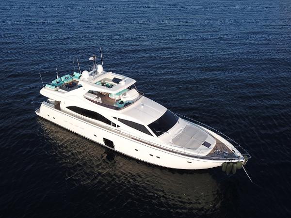 Ferretti Yachts 830 Luxurious 2007 Ferretti Yachts 830 cruising on calm blue waters.