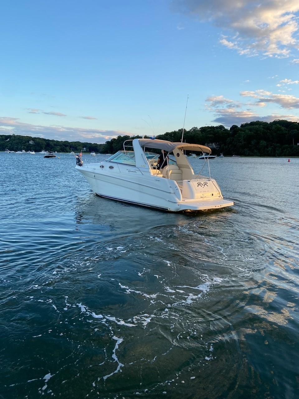 Sea Ray 290 Sundancer 1997 Sea Ray 290 Sundancer boat cruising on a serene lake at sunset.