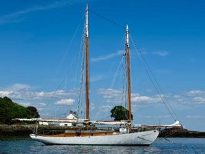 Custom John Alden Malabar II Sailing yacht "John Alden Malabar II" on calm waters, clear blue sky, 1996 model.