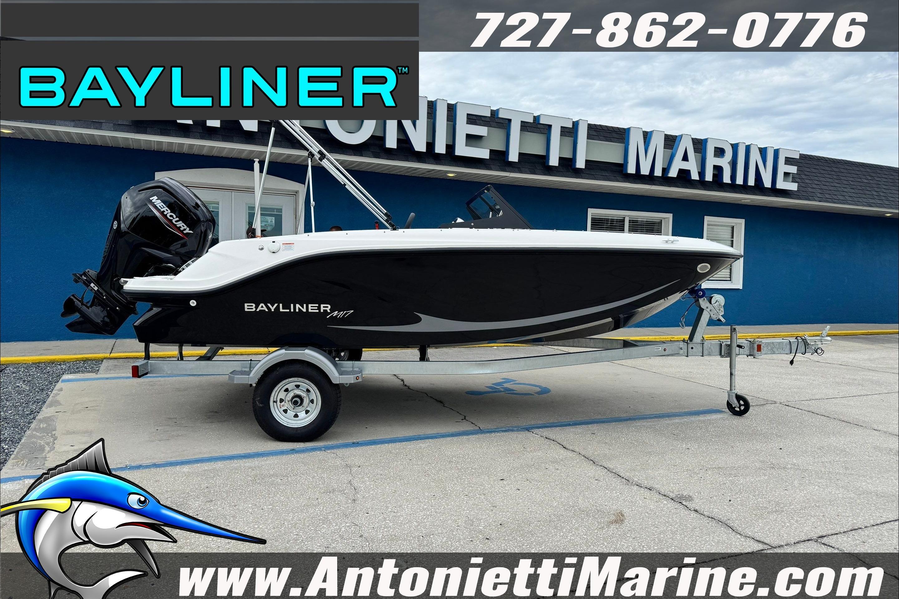 Bayliner Element M17 2026 Bayliner Element E17 boat on trailer at Antonietti Marine dealership.