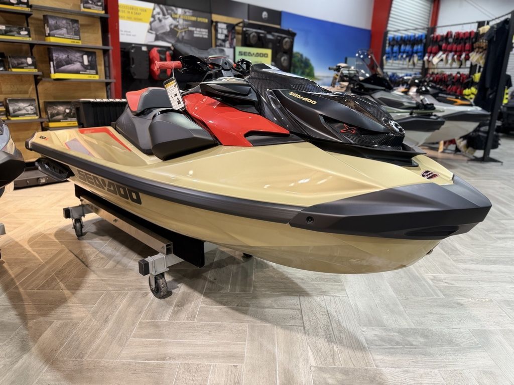 Sea-Doo RXP-X™ 325 Tech, BRP Premium A, iBR Meta 2025 Sea-Doo RXP-X™ 325 Tech jet ski displayed in showroom, featuring sleek design and vibrant colors.