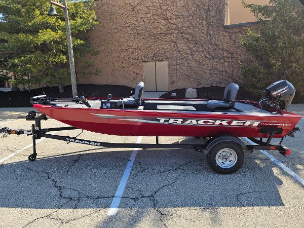 Tracker Panfish 17 2025 Tracker Panfish 17 boat in parking lot, red exterior, on trailer.