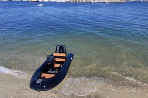Tide Craft Custom Black & Tan Catalina 13 Custom Black & Tan Catalina 13 boat by Tide Craft, 2026, on sandy beach with clear blue water.