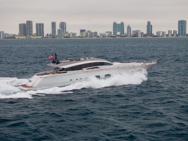 Pershing 108 Luxury Pershing 108 yacht cruising near city skyline, 2018 model.