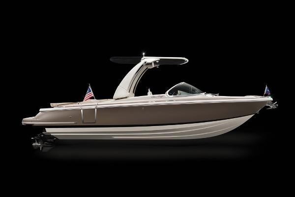 Chris-Craft Launch 25 GT 2025 Chris-Craft Launch 25 GT boat, sleek design, side view, black background.