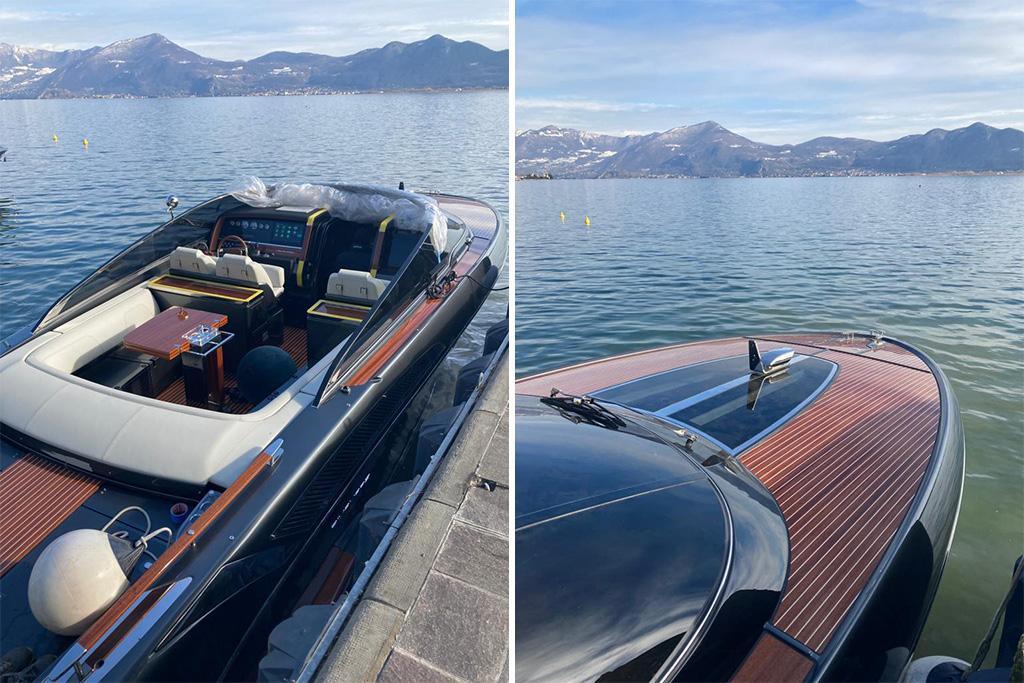 Riva 38 Rivamare 2022 Riva 38 Rivamare luxury yacht docked by scenic mountain lake.