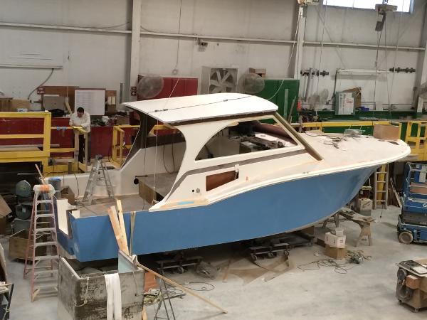 Albemarle 35 Express Coupe 2023 Albemarle 35 Express Coupe under construction in a workshop.