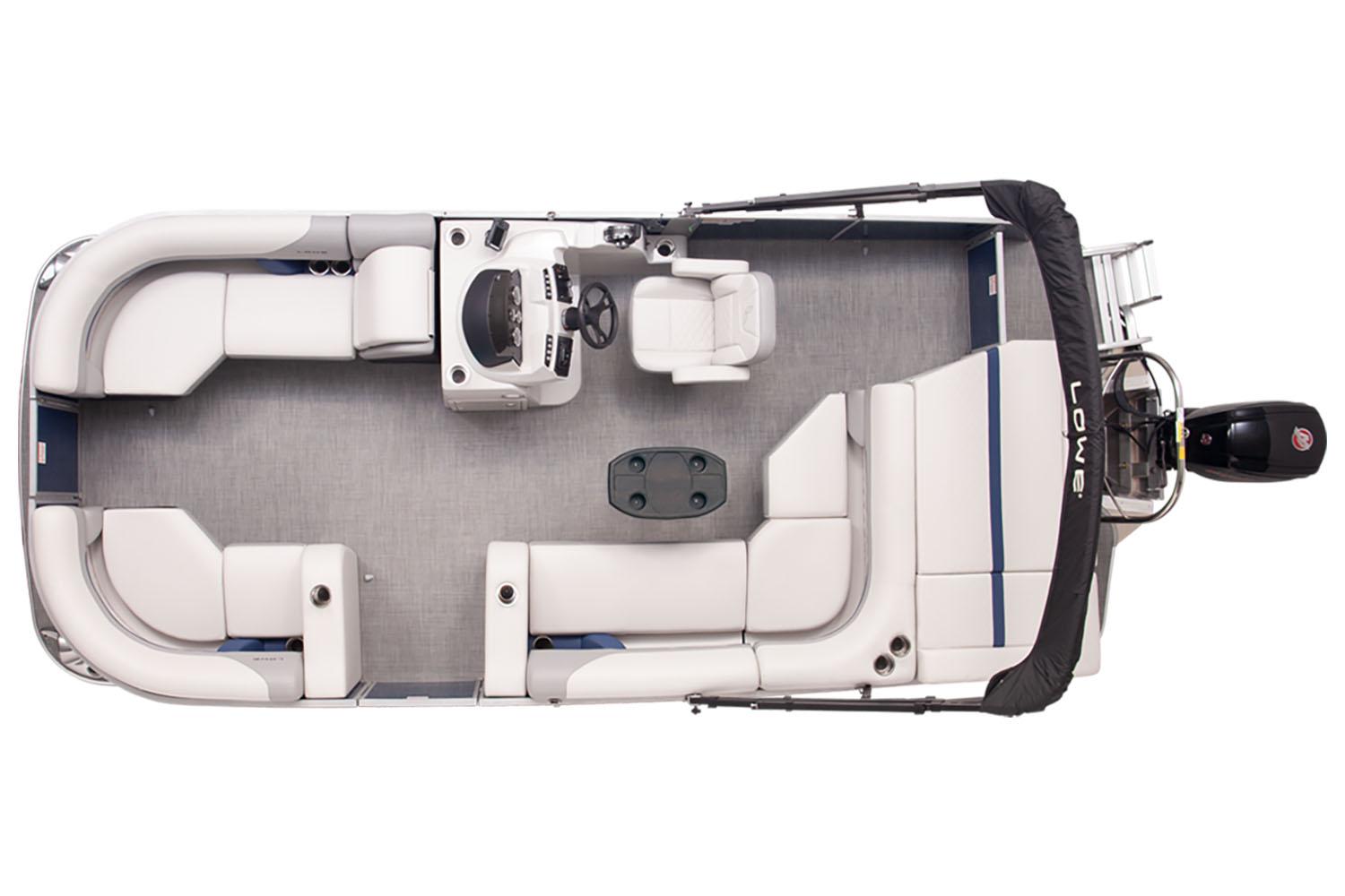 Lowe Ss 210 Top view of 2024 Lowe SS210 pontoon boat with spacious seating and modern helm.