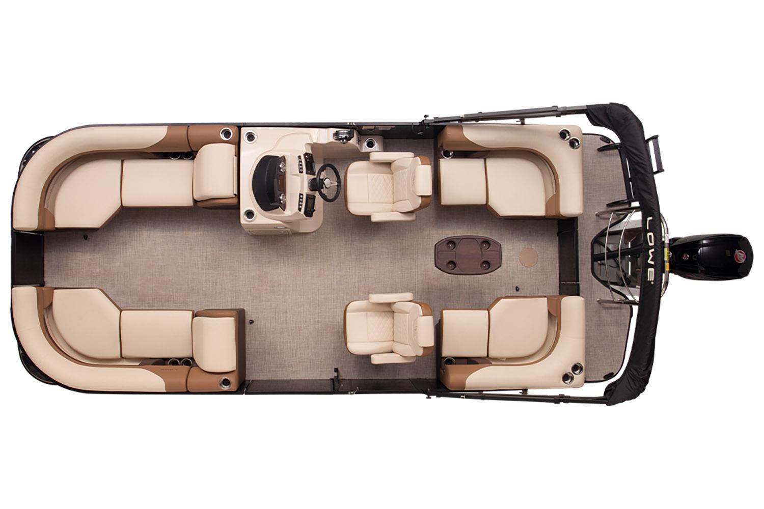 Lowe SS 210 WT 2024 Lowe SS210 WT pontoon boat, top view, beige and brown seating, spacious layout.