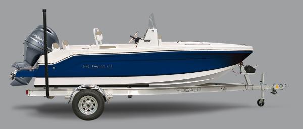 Robalo R160 Center Console 2025 Robalo R160 Center Console boat on trailer, side view, blue and white design.