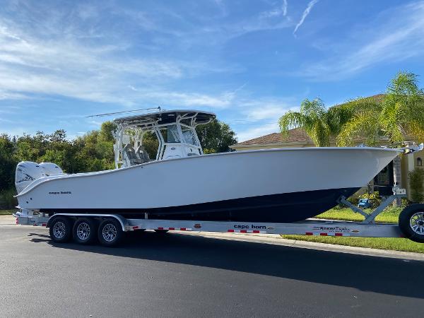 Cape Horn 34 XS 2022 Cape Horn 34 XS boat on a trailer, parked outdoors.