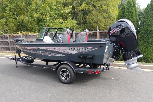 Ranger VS1782SC Angler 2024 Ranger VS1782SC Angler boat on trailer, parked on road.