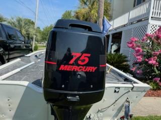 Crestliner KastKing 18 ft 2004 Crestliner KastKing boat with 75 Mercury outboard motor, parked near a house with flowers.
