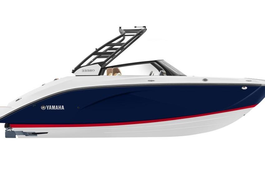 Yamaha Boats 222SD 2026 Yamaha Boats 222SD, sleek design, blue and white hull, modern features.