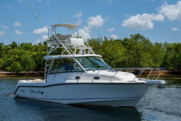 Boston Whaler 345 Conquest 2015 Boston Whaler 345 Conquest boat on water, clear sky, lush greenery background.