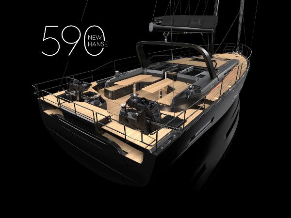 Hanse 590 2025 Hanse 590 yacht, sleek design, luxury deck, black background.