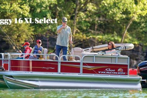 Sun Tracker Bass Buggy® 16 XL Select 2026 Sun Tracker Bass Buggy® 16 XL Select pontoon boat on a scenic lake.