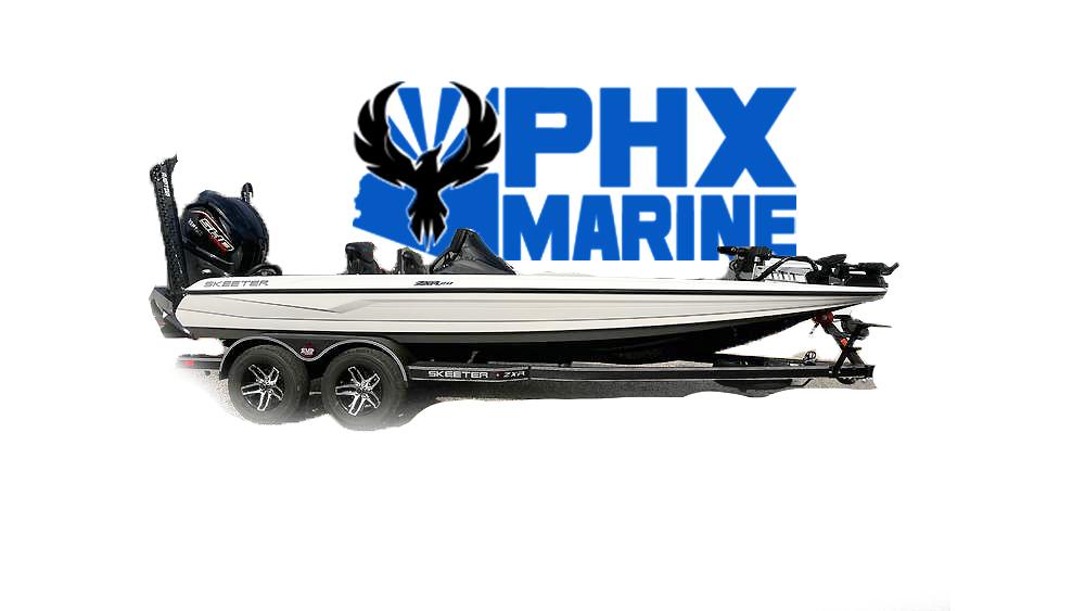 Skeeter ZXR20 2025 Skeeter ZXR20 boat with PHX Marine logo, side view on trailer.