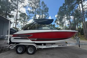 Monterey 215SS Super Sport 2021 Monterey 215SS Super Sport boat on trailer, surrounded by trees and blue sky.