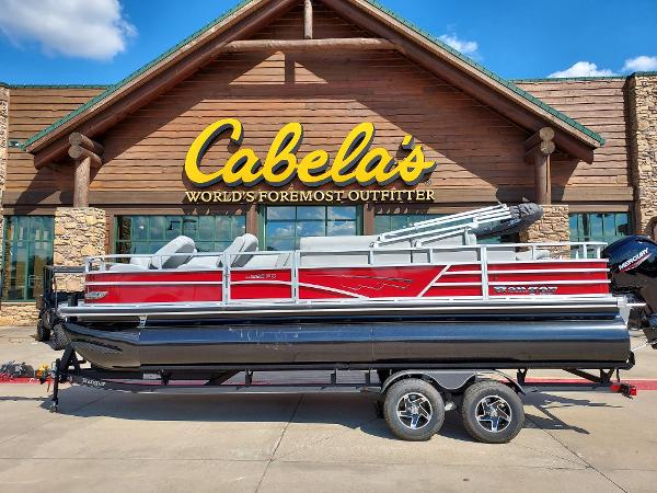 Ranger Reata 220FC 2024 Ranger Reata 220FC pontoon boat displayed outside Cabela's store.