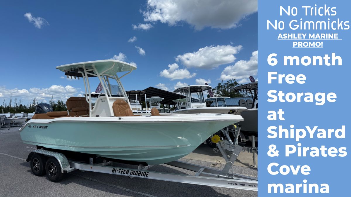 Key West 219 FS 2026 Key West 219 FS boat on trailer, blue sky, promotional offer for free storage.