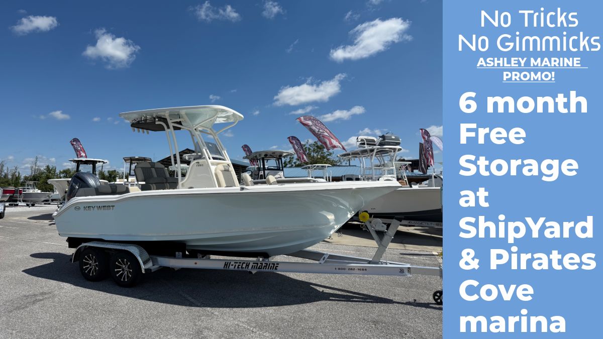Key West 203 FS 2026 Key West 203 FS boat on trailer, promotional offer for free storage at marina.