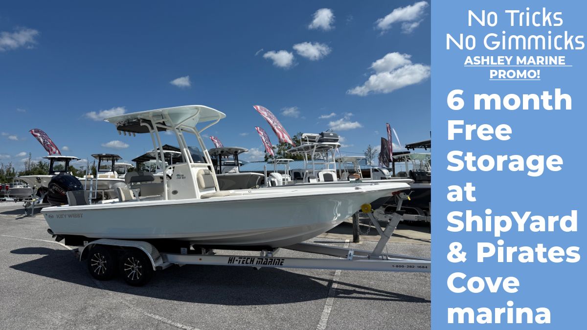 Key West 230 Bay Reef 2026 Key West 230 Bay Reef boat on trailer, Ashley Marine promo for free storage.