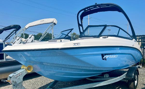 Yamaha Boats AR190 2025 Yamaha AR190 boat with sleek design on a trailer.