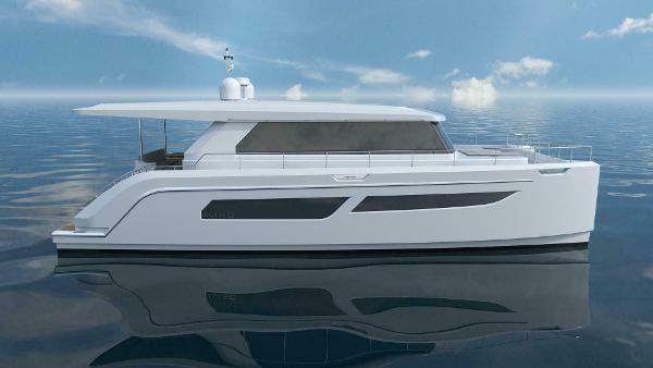 ILIAD 53E A sleek 2026 ILIAD 53E yacht on calm ocean waters under a clear sky.