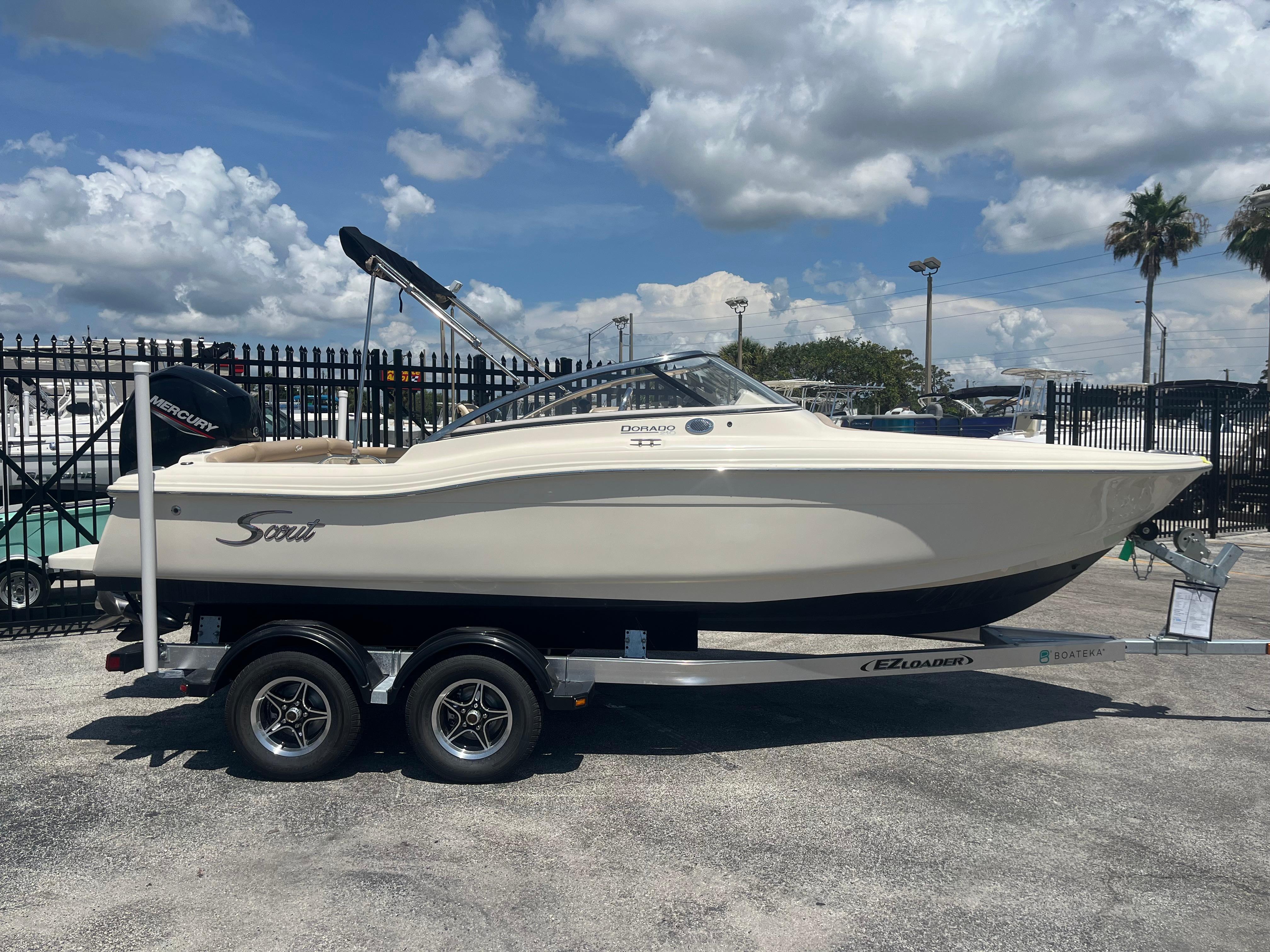 Scout 210 Dorado 2022 Scout 210 Dorado boat on trailer under cloudy sky.