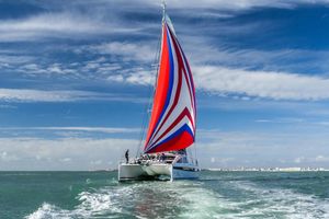 Privilege signature 510 Sailing catamaran Privilege Signature 510 with vibrant red and blue sail on open water.