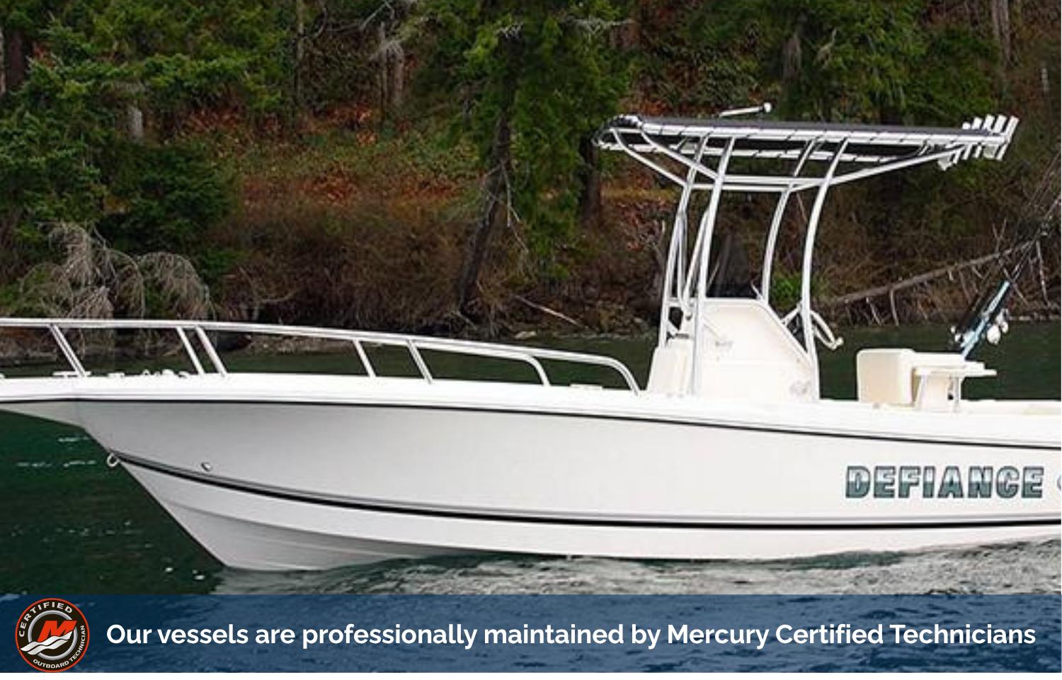 Defiance Commander 2022 Defiance Commander boat on water, maintained by Mercury Certified Technicians.