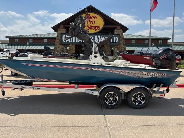 Ranger RB200 2024 Ranger RB200 boat on trailer outside Bass Pro Shops Outdoor World.
